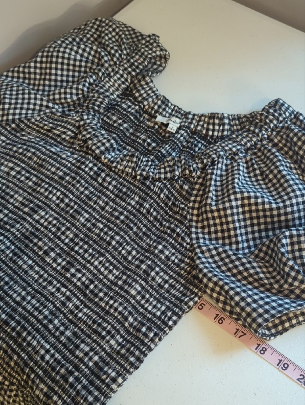 Madewell Dress Gingham Smocked U-Neck Mini Black White size Medium Linen Cotton - Picture 11 of 13